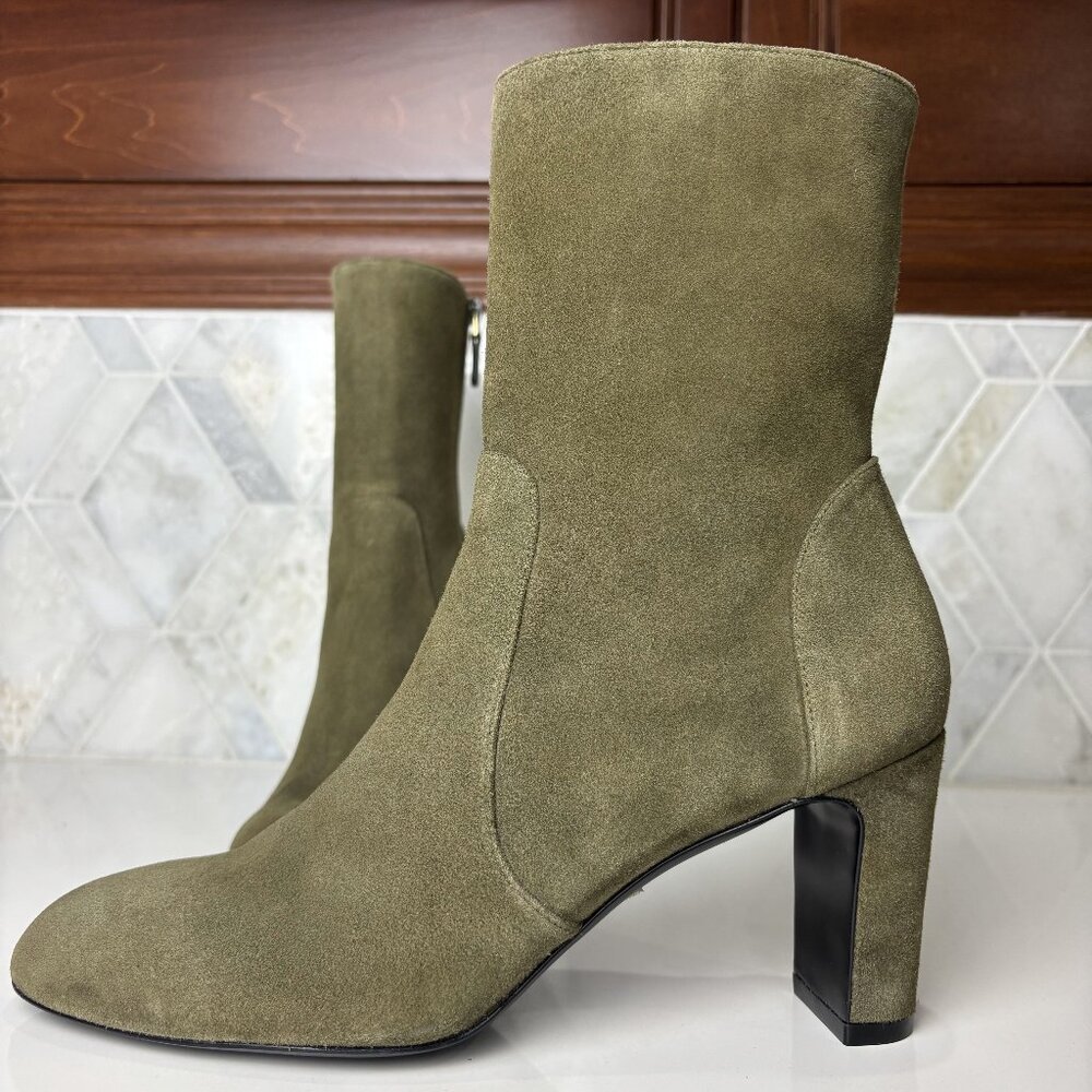 8B Green Suede Leather Block Heel Zip Zipper Almond Toe Ankle Boot Bootie Vida - Picture 5 of 14